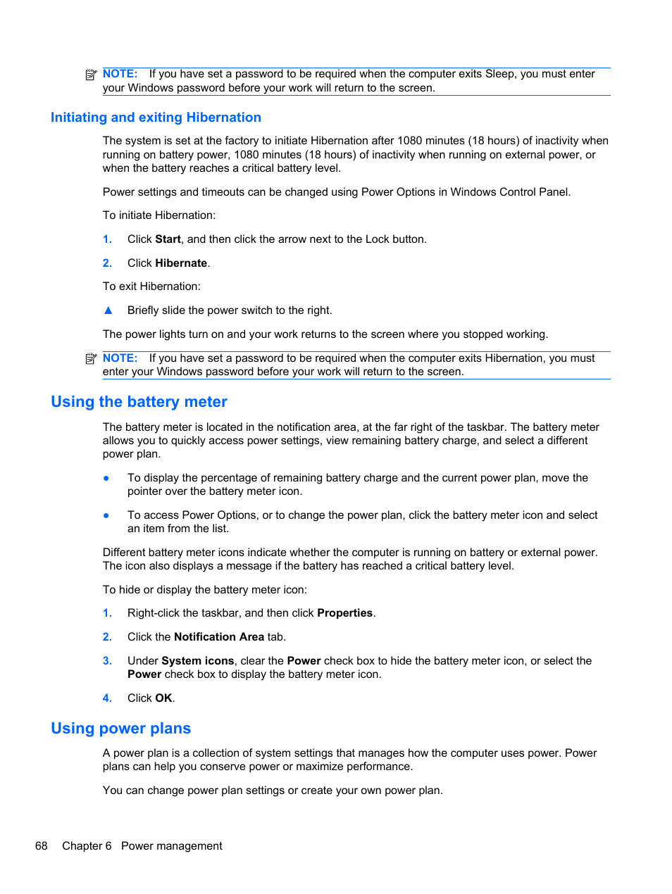 Initiating and exiting hibernation, Using the battery meter, Using power plans | Using the battery meter using power plans | HP EliteBook 2740p Tablet-PC User Manual | Page 80 / 177