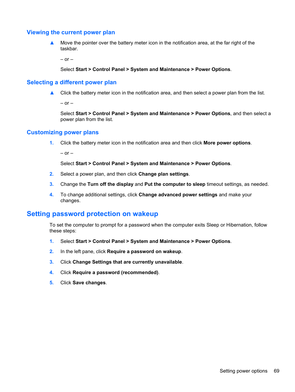 Viewing the current power plan, Selecting a different power plan, Customizing power plans | Setting password protection on wakeup | HP EliteBook 2740p Tablet-PC User Manual | Page 81 / 177