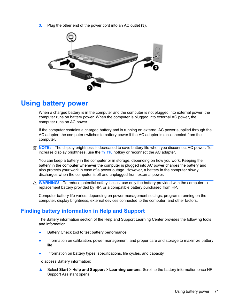 Using battery power, Finding battery information in help and support | HP EliteBook 2740p Tablet-PC User Manual | Page 83 / 177