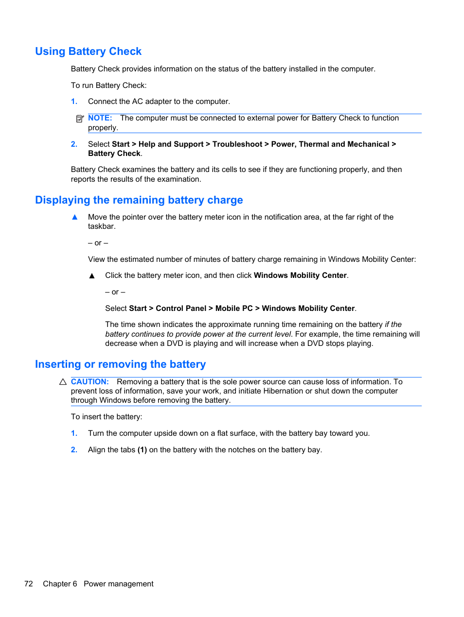 Using battery check, Displaying the remaining battery charge, Inserting or removing the battery | HP EliteBook 2740p Tablet-PC User Manual | Page 84 / 177