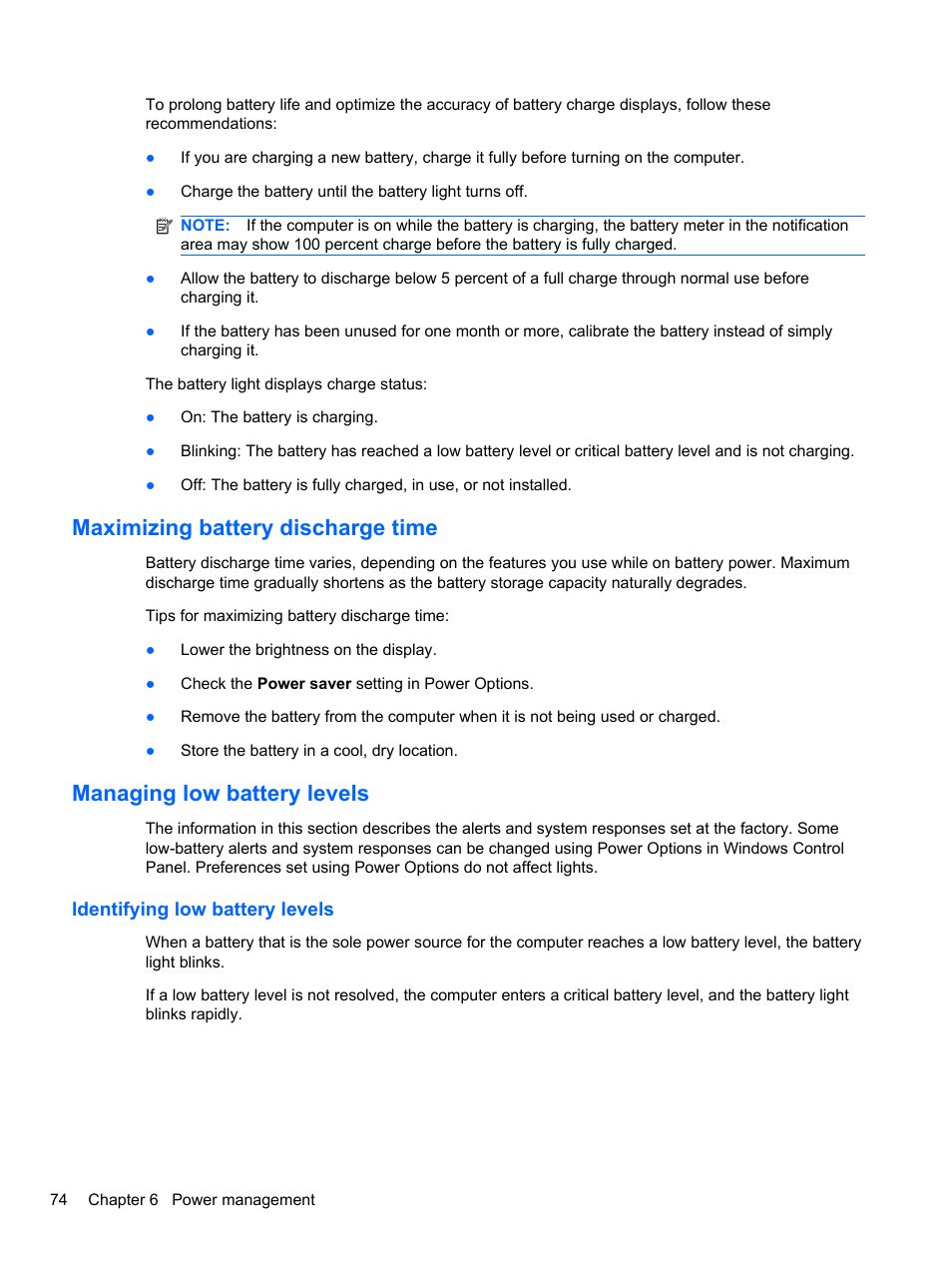 Maximizing battery discharge time, Managing low battery levels, Identifying low battery levels | HP EliteBook 2740p Tablet-PC User Manual | Page 86 / 177