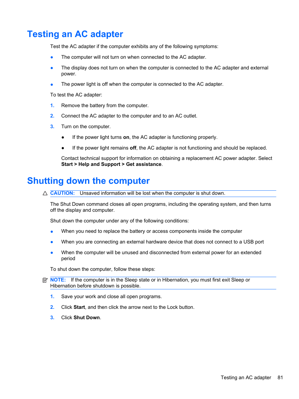 Testing an ac adapter, Shutting down the computer, Testing an ac adapter shutting down the computer | HP EliteBook 2740p Tablet-PC User Manual | Page 93 / 177