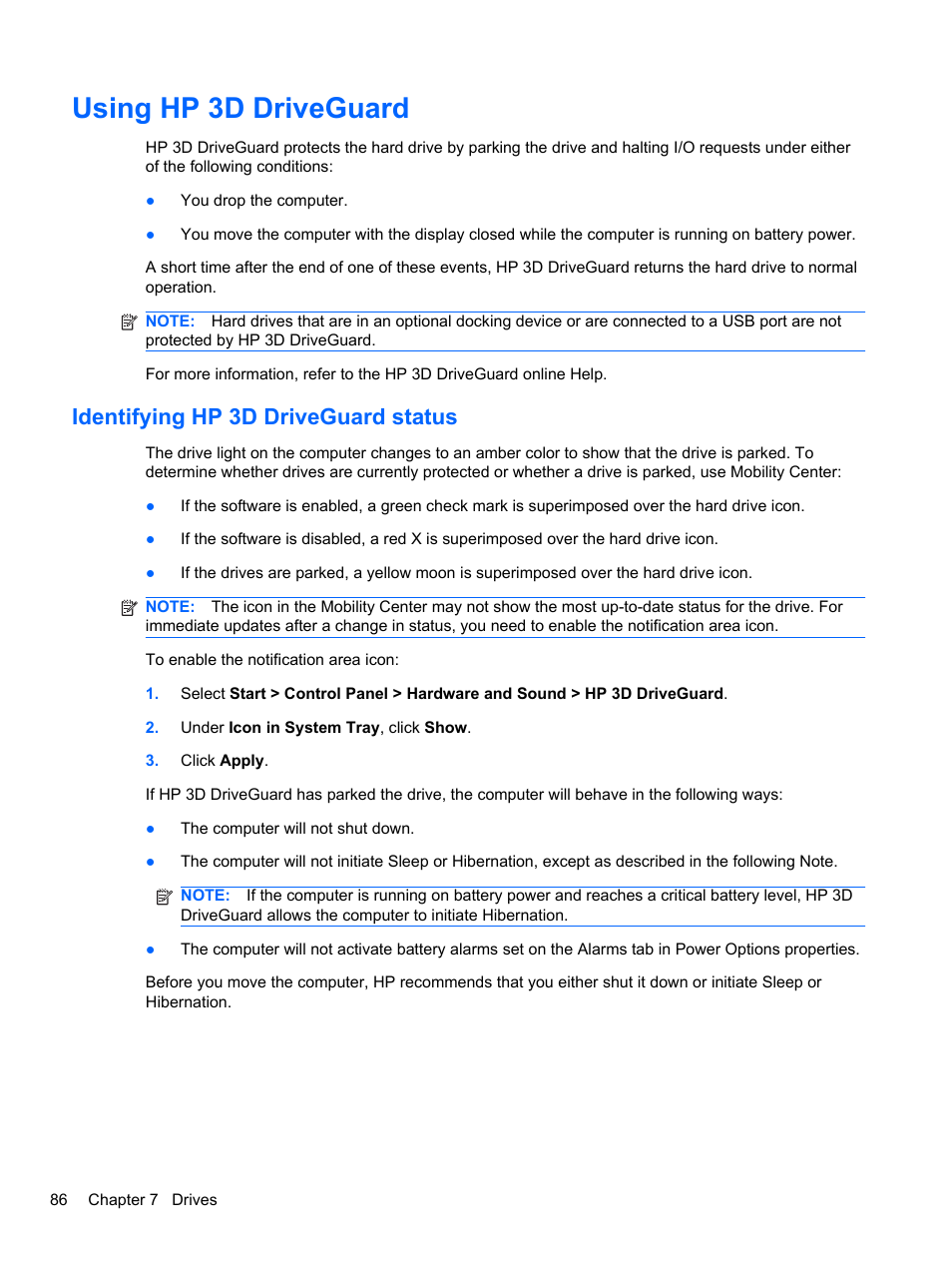 Using hp 3d driveguard, Identifying hp 3d driveguard status | HP EliteBook 2740p Tablet-PC User Manual | Page 98 / 177