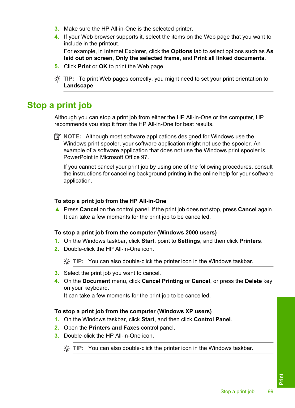 Stop a print job | HP Photosmart C7200 Series User Manual | Page 100 / 309