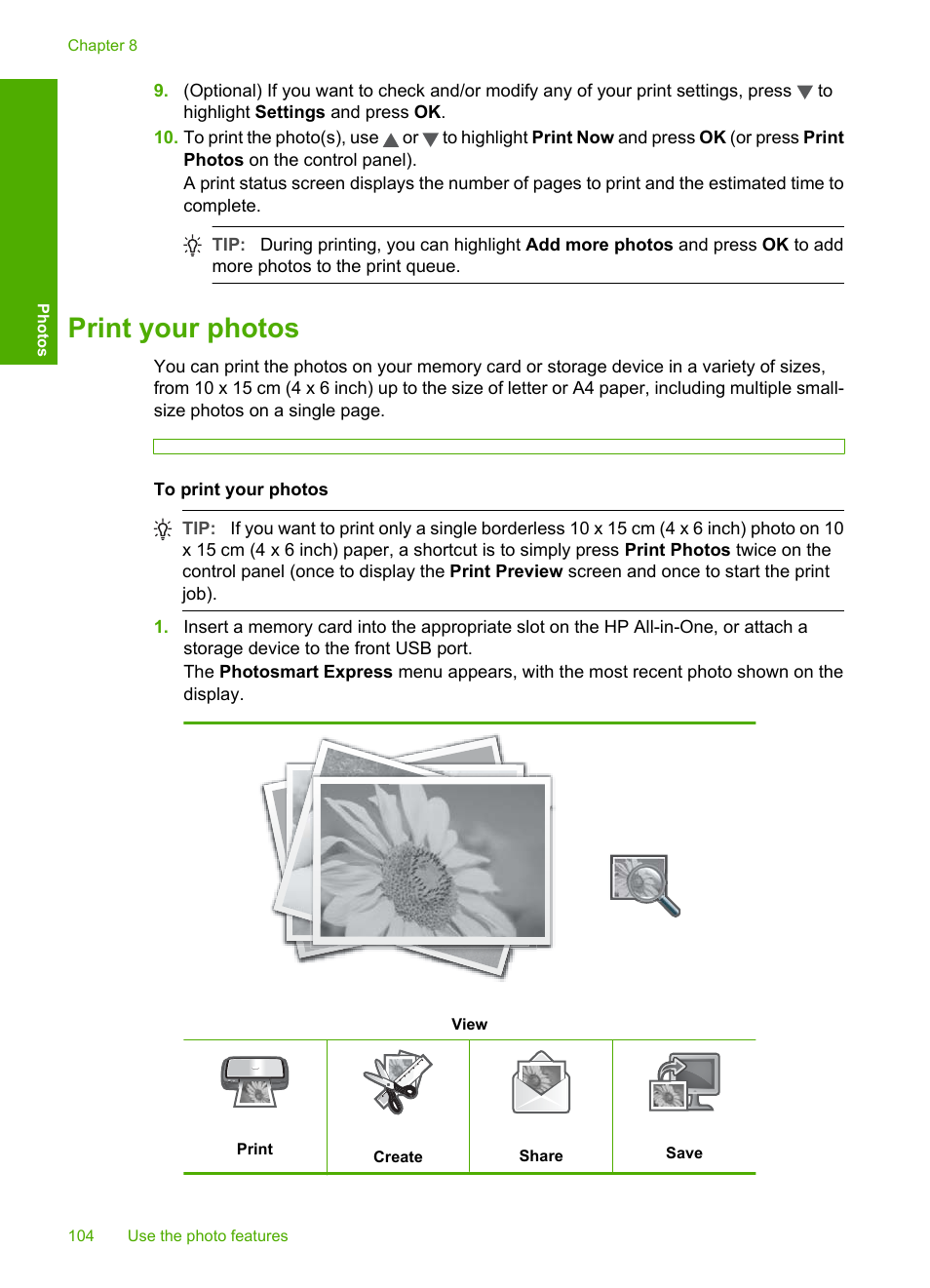 Print your photos | HP Photosmart C7200 Series User Manual | Page 105 / 309