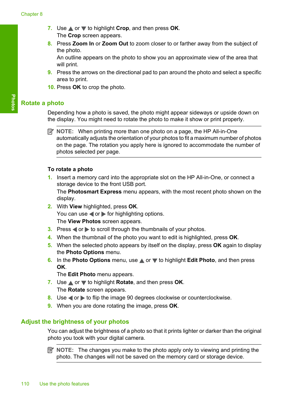 Rotate a photo, Adjust the brightness of your photos | HP Photosmart C7200 Series User Manual | Page 111 / 309