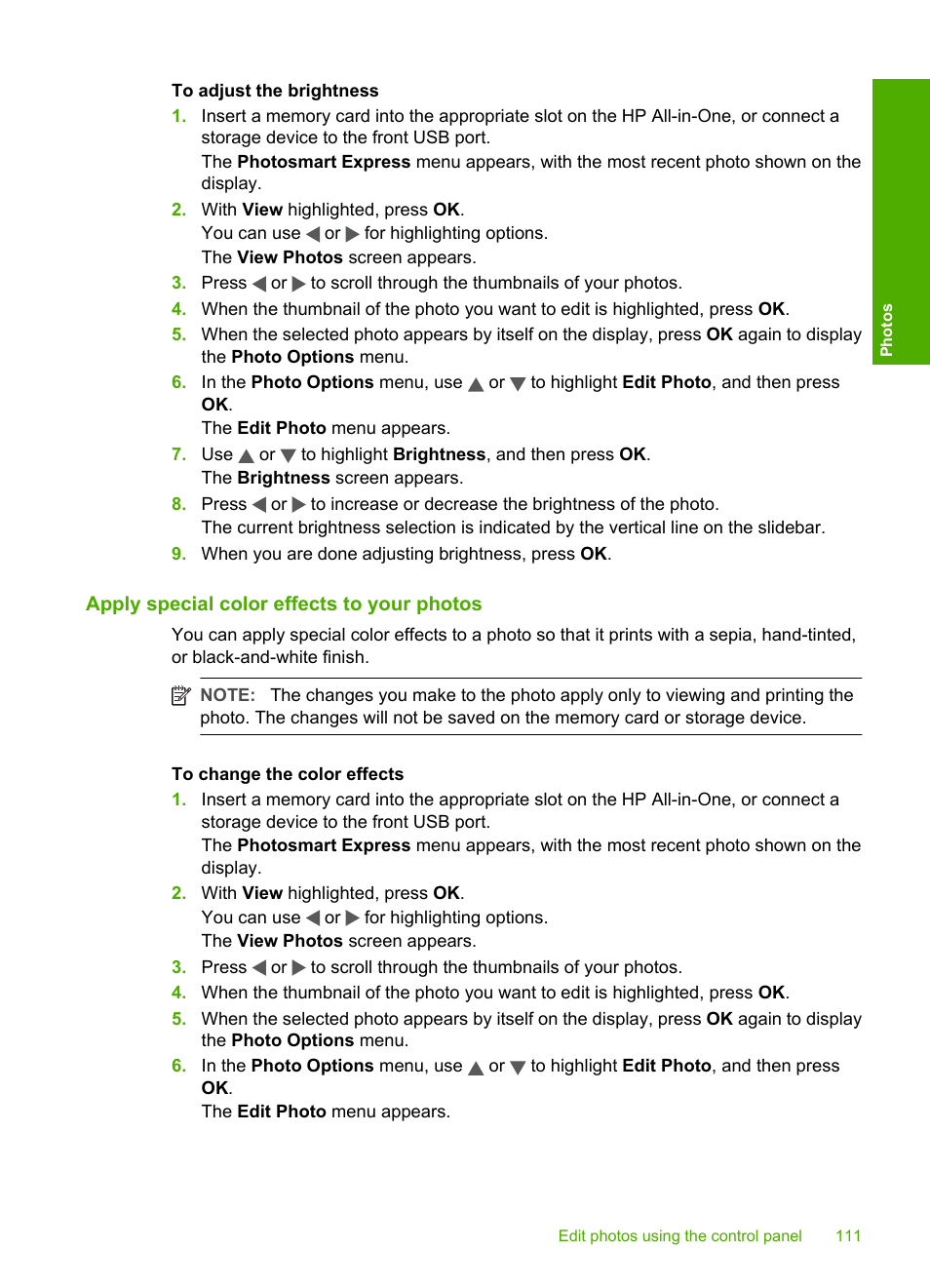 Apply special color effects to your photos | HP Photosmart C7200 Series User Manual | Page 112 / 309