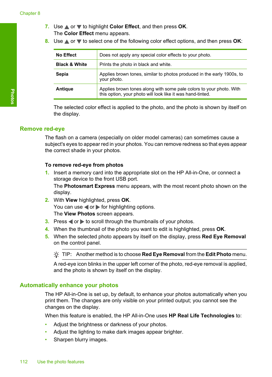 Remove red‐eye, Automatically enhance your photos, Remove red-eye | HP Photosmart C7200 Series User Manual | Page 113 / 309