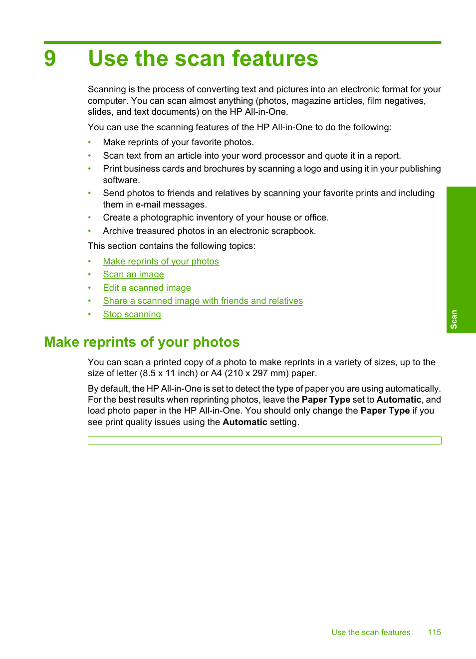 Use the scan features, Make reprints of your photos, 9 use the scan features | 9use the scan features | HP Photosmart C7200 Series User Manual | Page 116 / 309