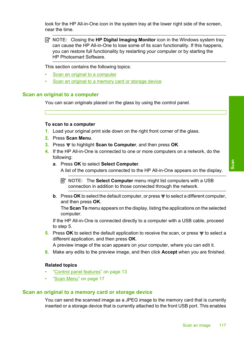 Scan an original to a computer | HP Photosmart C7200 Series User Manual | Page 118 / 309