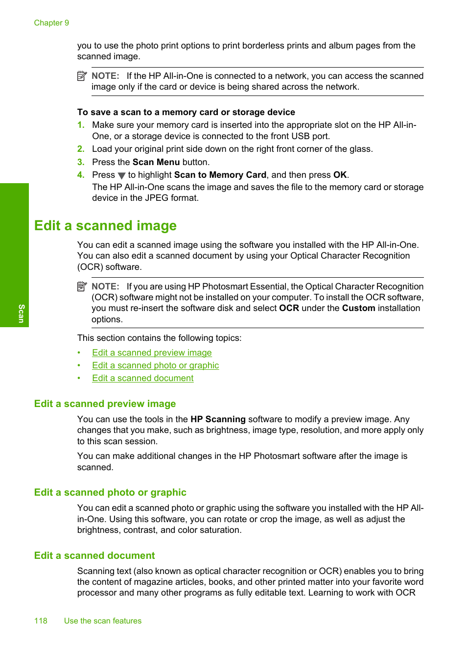Edit a scanned image, Edit a scanned preview image, Edit a scanned photo or graphic | Edit a scanned document | HP Photosmart C7200 Series User Manual | Page 119 / 309