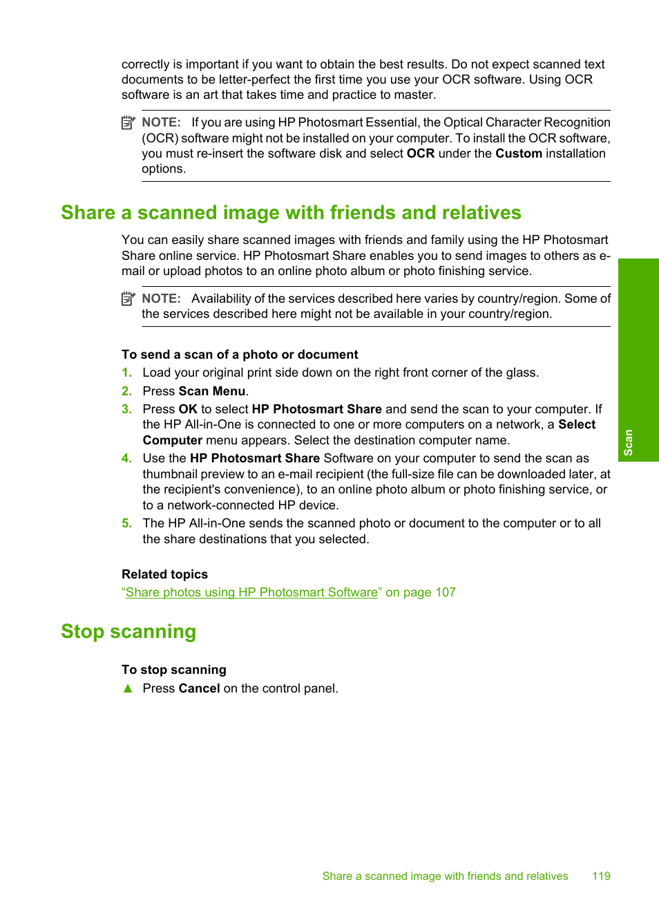 Share a scanned image with friends and relatives, Stop scanning | HP Photosmart C7200 Series User Manual | Page 120 / 309