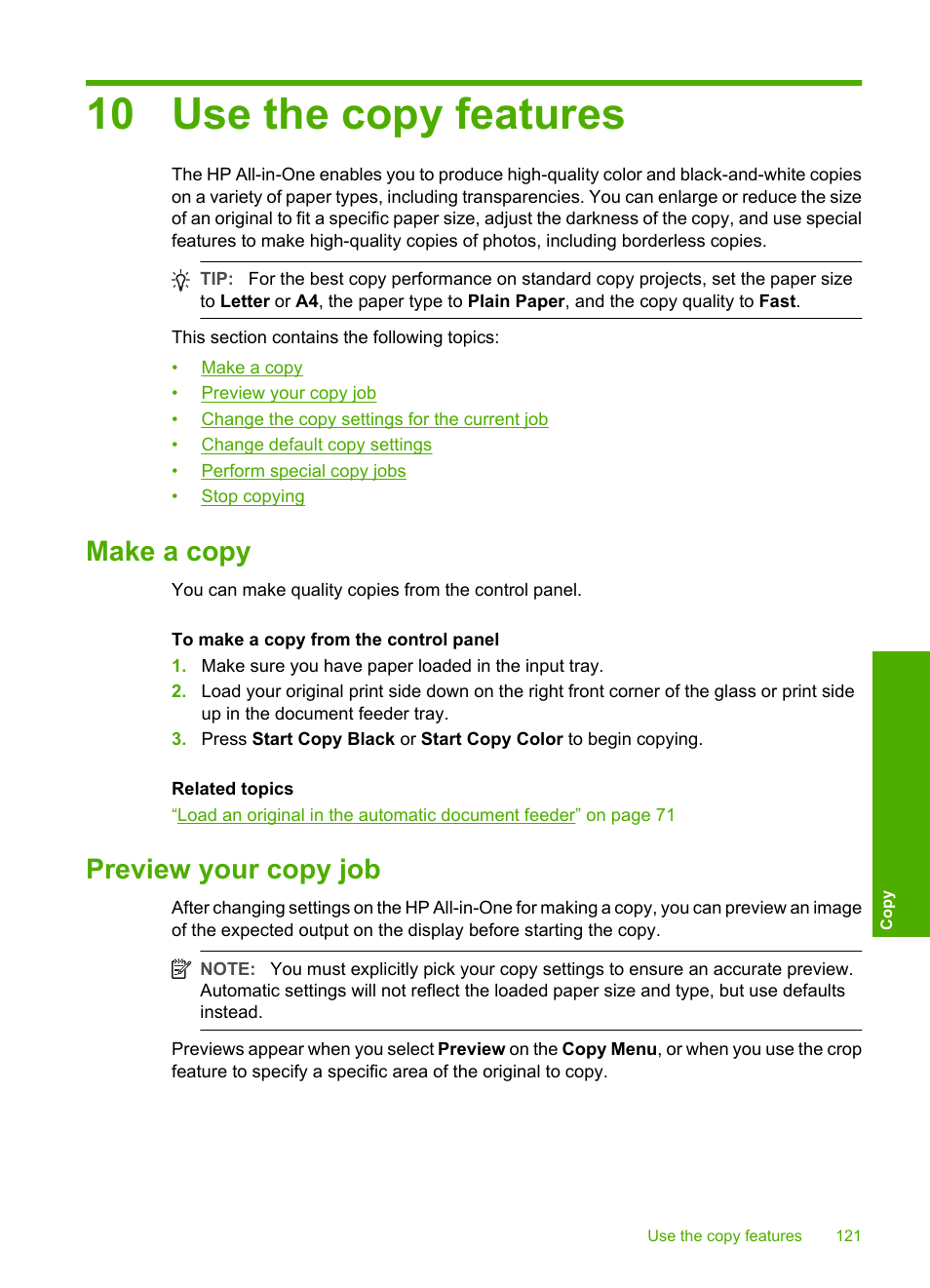 Use the copy features, Make a copy, Preview your copy job | 10 use the copy features, Make a copy preview your copy job | HP Photosmart C7200 Series User Manual | Page 122 / 309