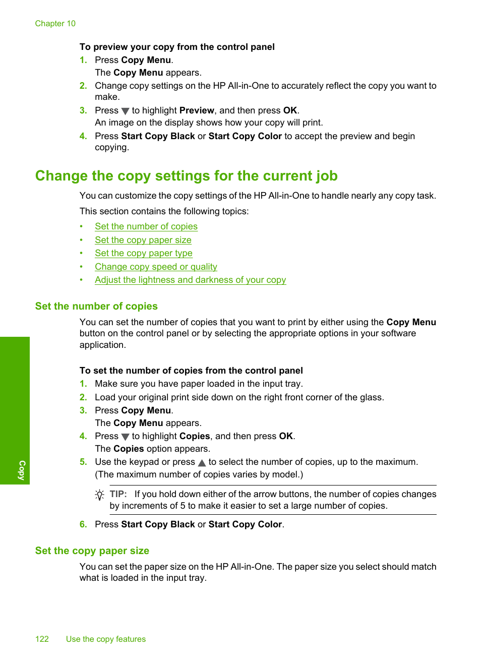 Change the copy settings for the current job, Set the number of copies, Set the copy paper size | HP Photosmart C7200 Series User Manual | Page 123 / 309