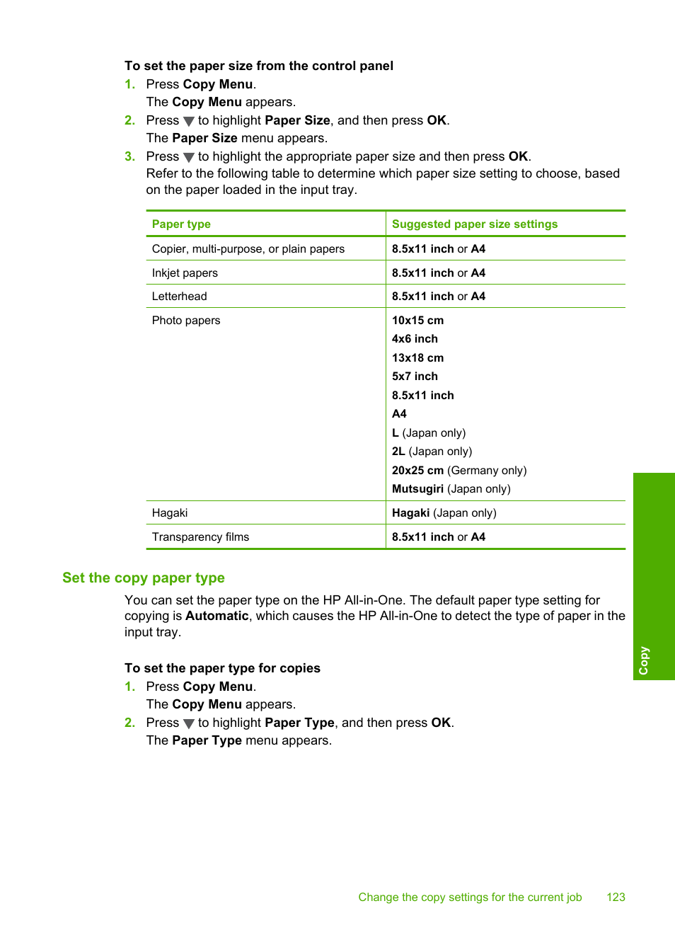 Set the copy paper type | HP Photosmart C7200 Series User Manual | Page 124 / 309