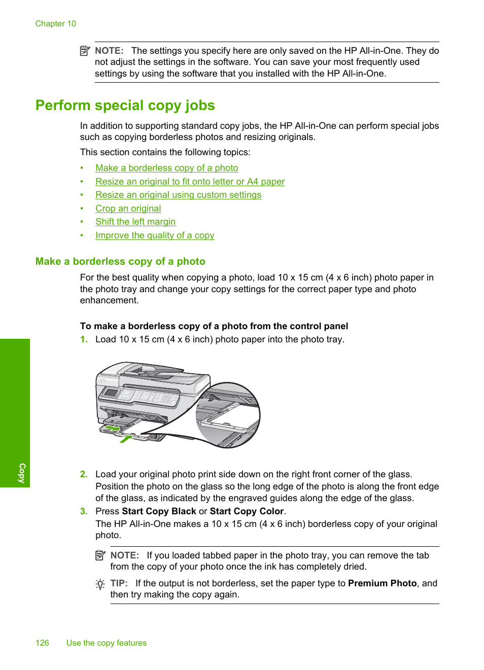 Perform special copy jobs, Make a borderless copy of a photo | HP Photosmart C7200 Series User Manual | Page 127 / 309