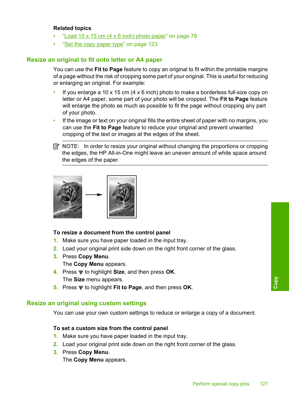 Resize an original to fit onto letter or a4 paper, Resize an original using custom settings | HP Photosmart C7200 Series User Manual | Page 128 / 309