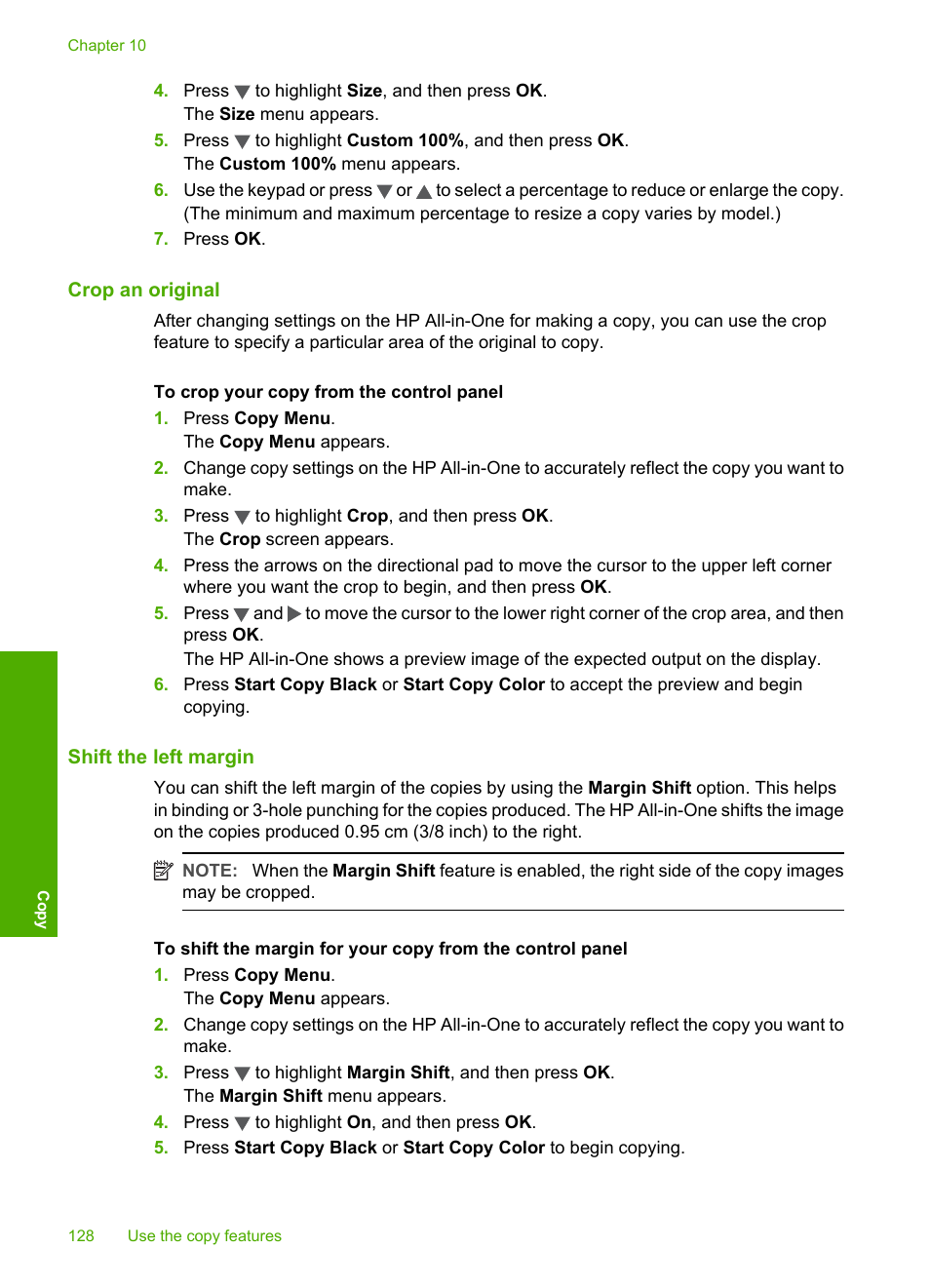 Crop an original, Shift the left margin | HP Photosmart C7200 Series User Manual | Page 129 / 309