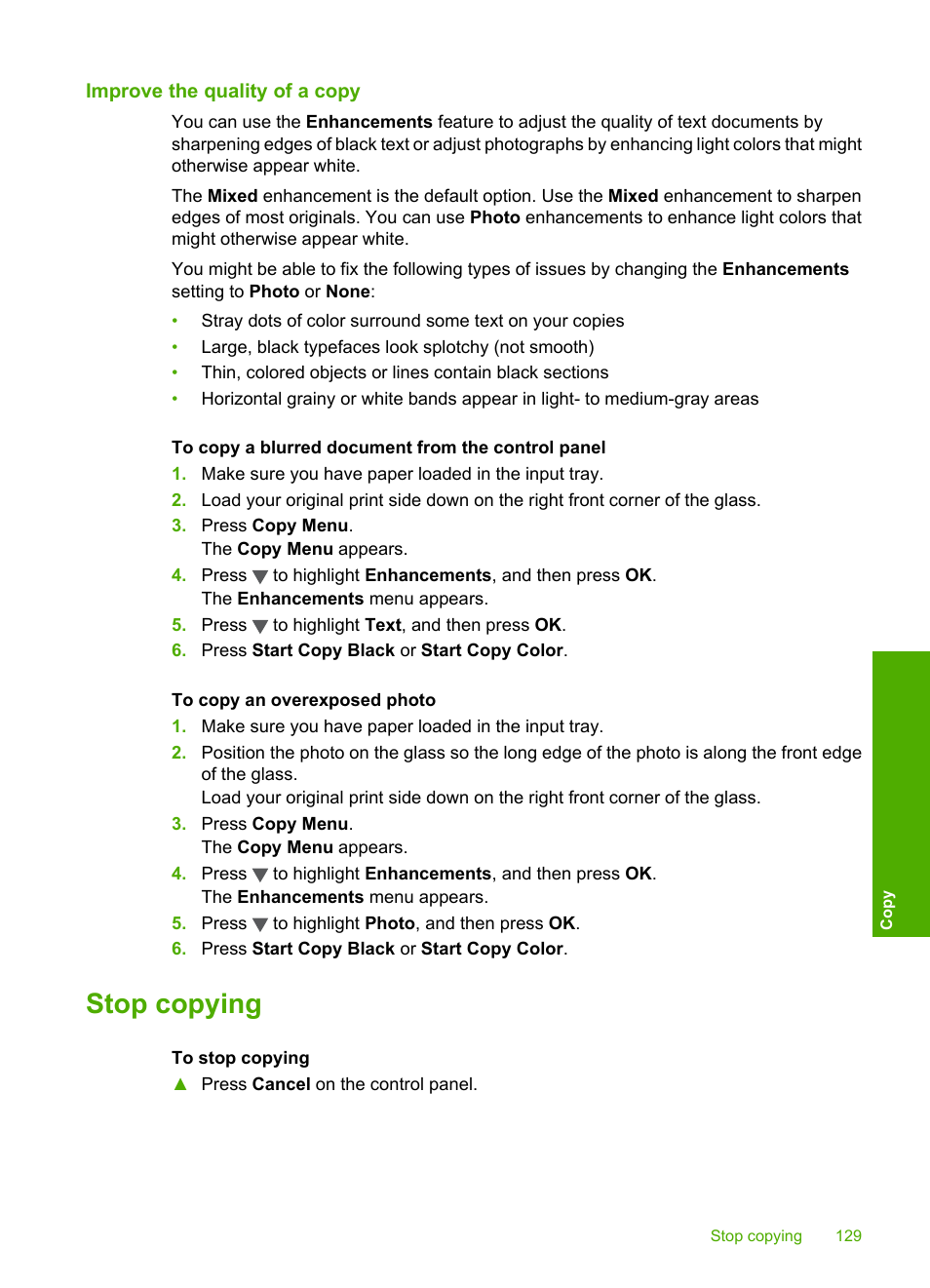 Improve the quality of a copy, Stop copying | HP Photosmart C7200 Series User Manual | Page 130 / 309