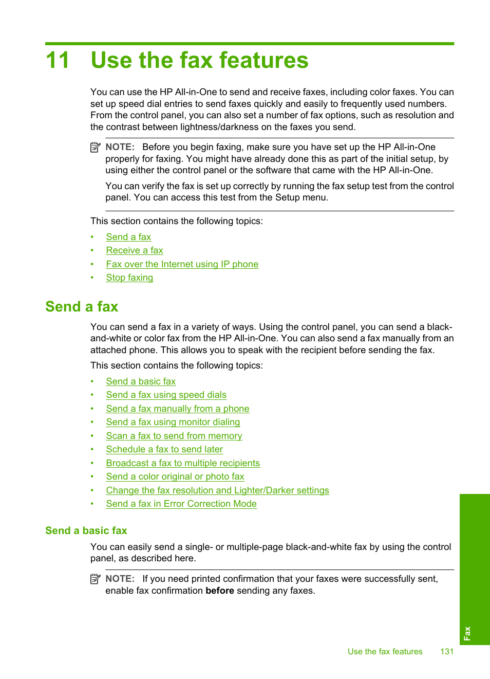 Use the fax features, Send a fax, Send a basic fax | 11 use the fax features, Send a fax in error correction mode | HP Photosmart C7200 Series User Manual | Page 132 / 309