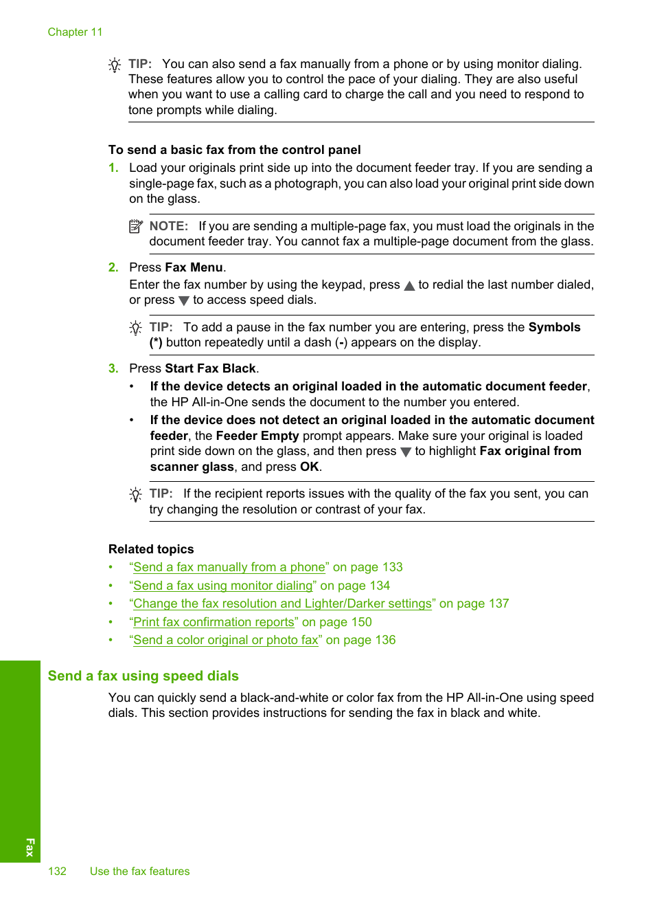 Send a fax using speed dials | HP Photosmart C7200 Series User Manual | Page 133 / 309