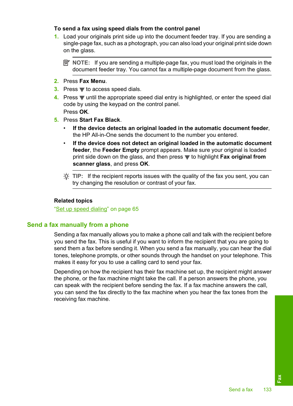 Send a fax manually from a phone | HP Photosmart C7200 Series User Manual | Page 134 / 309