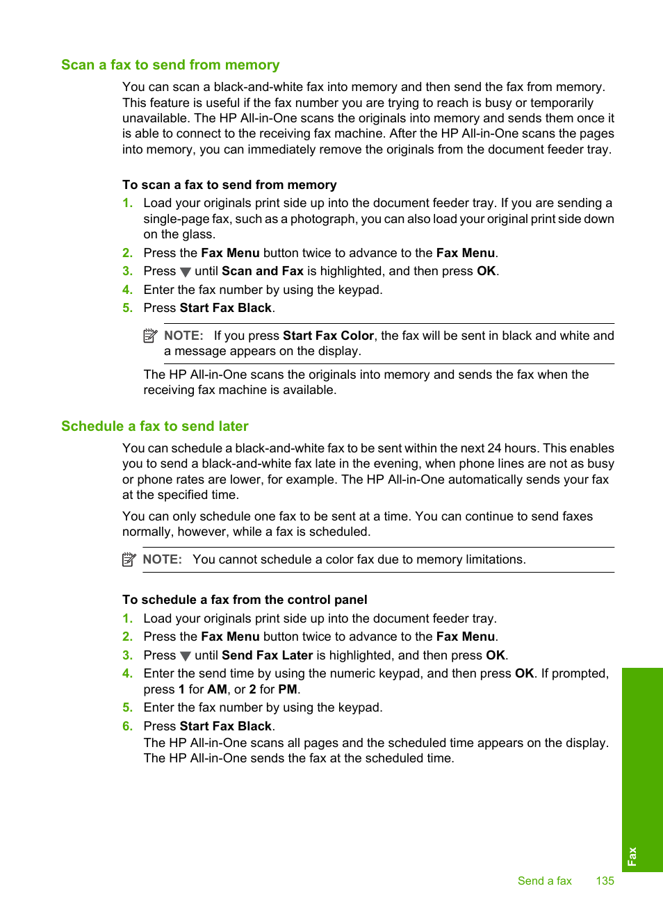Scan a fax to send from memory, Schedule a fax to send later | HP Photosmart C7200 Series User Manual | Page 136 / 309