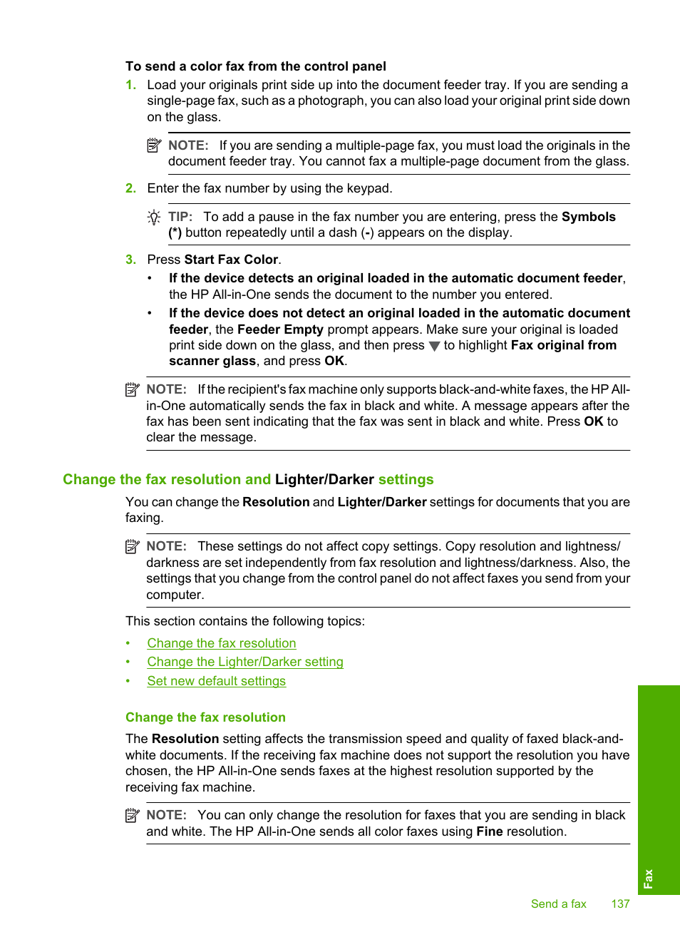Change the fax resolution | HP Photosmart C7200 Series User Manual | Page 138 / 309