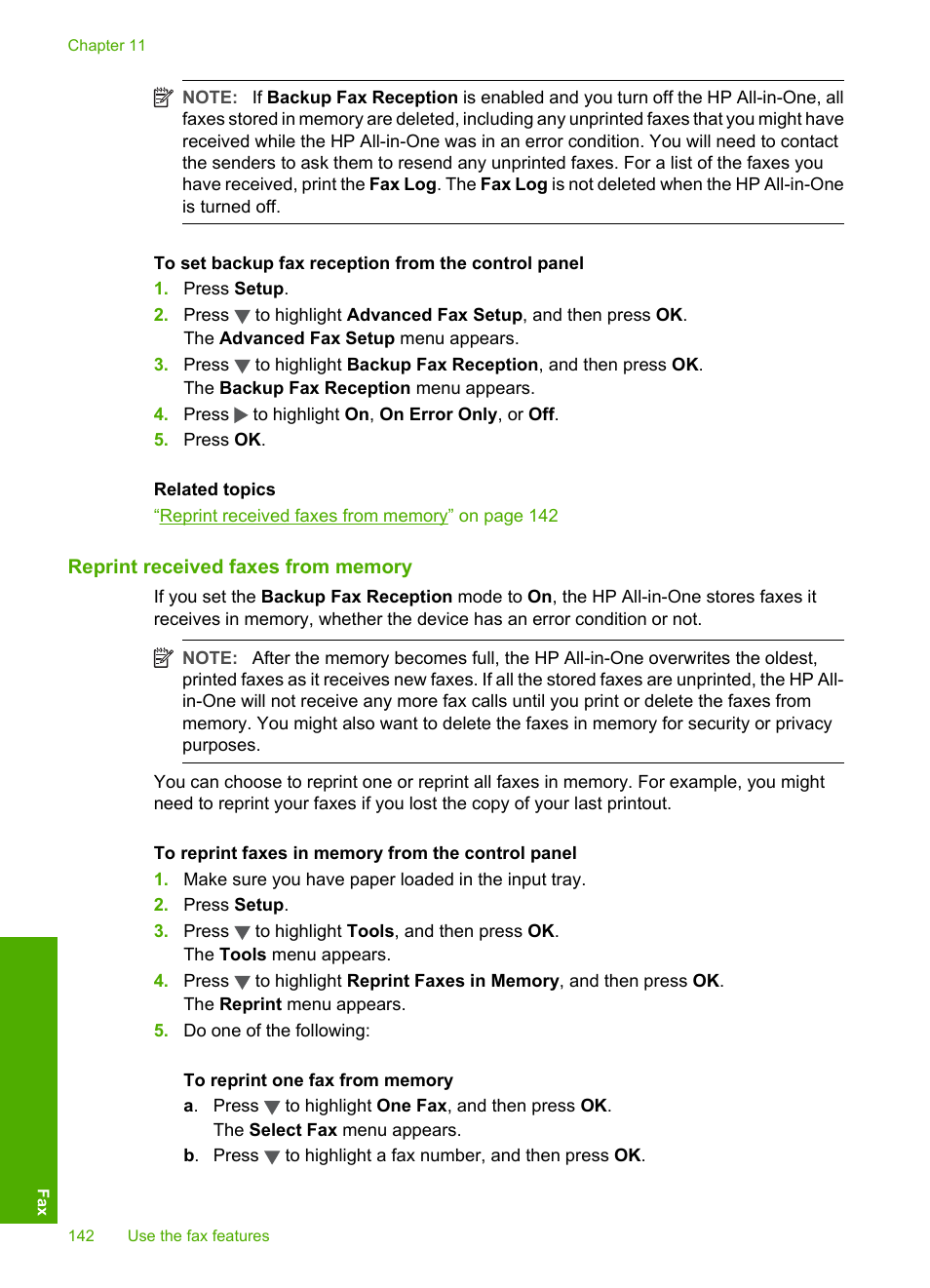 Reprint received faxes from memory | HP Photosmart C7200 Series User Manual | Page 143 / 309