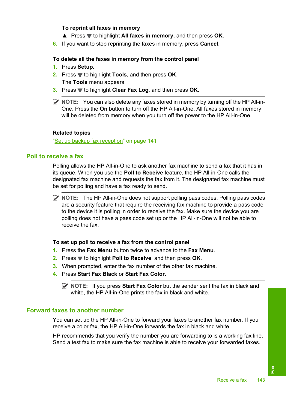 Poll to receive a fax, Forward faxes to another number | HP Photosmart C7200 Series User Manual | Page 144 / 309