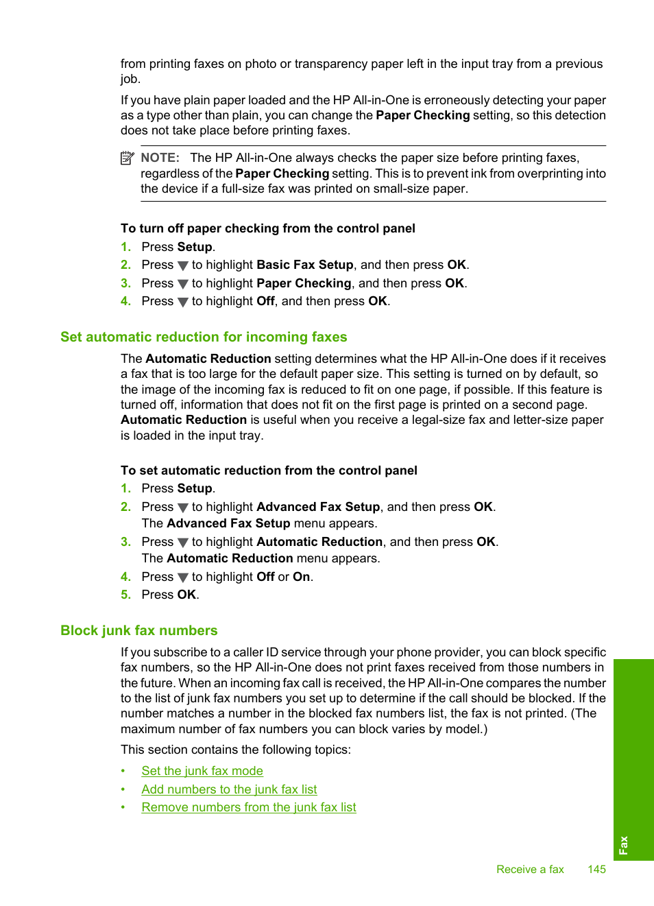 Set automatic reduction for incoming faxes, Block junk fax numbers | HP Photosmart C7200 Series User Manual | Page 146 / 309