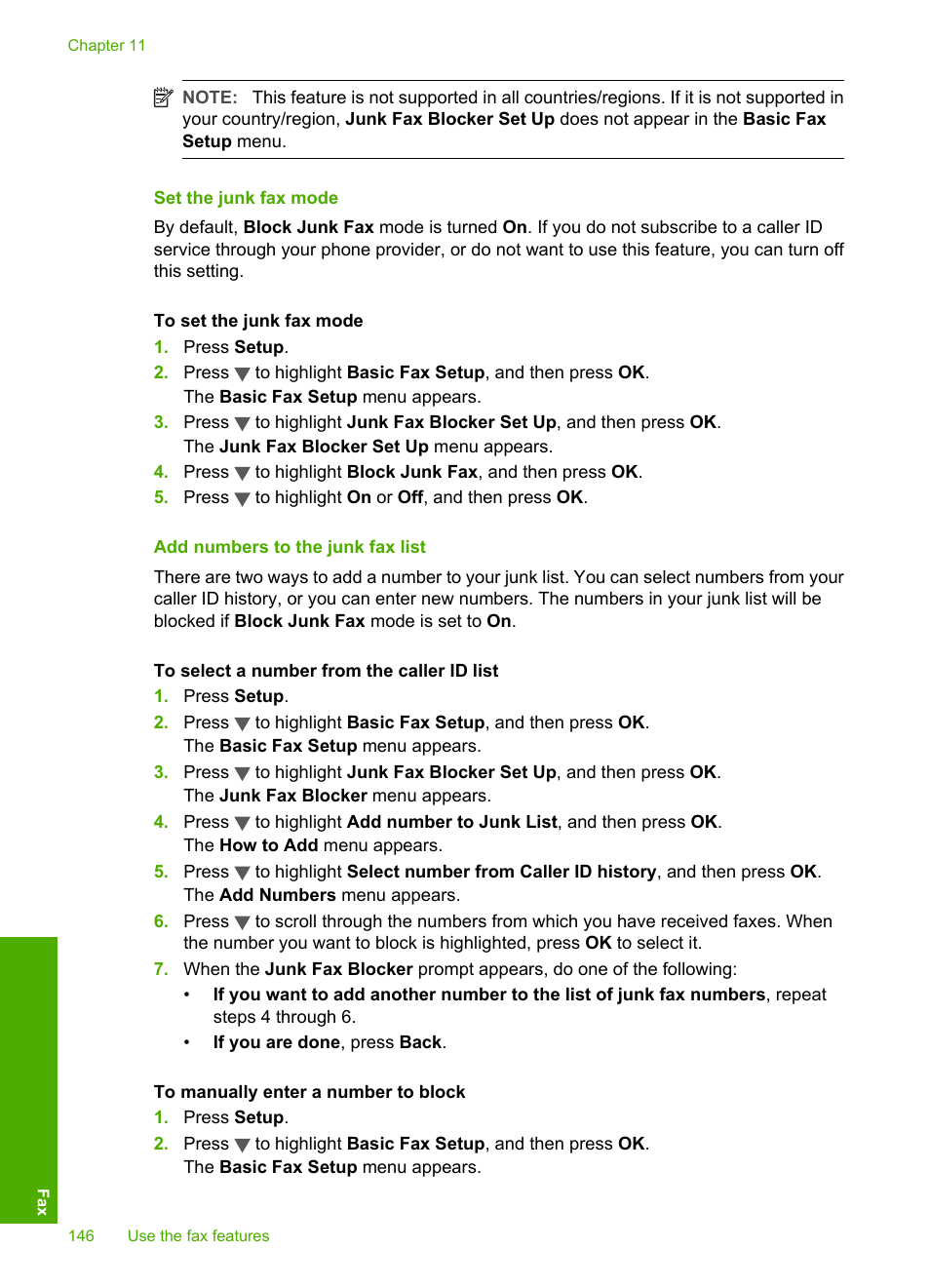 Set the junk fax mode, Add numbers to the junk fax list | HP Photosmart C7200 Series User Manual | Page 147 / 309