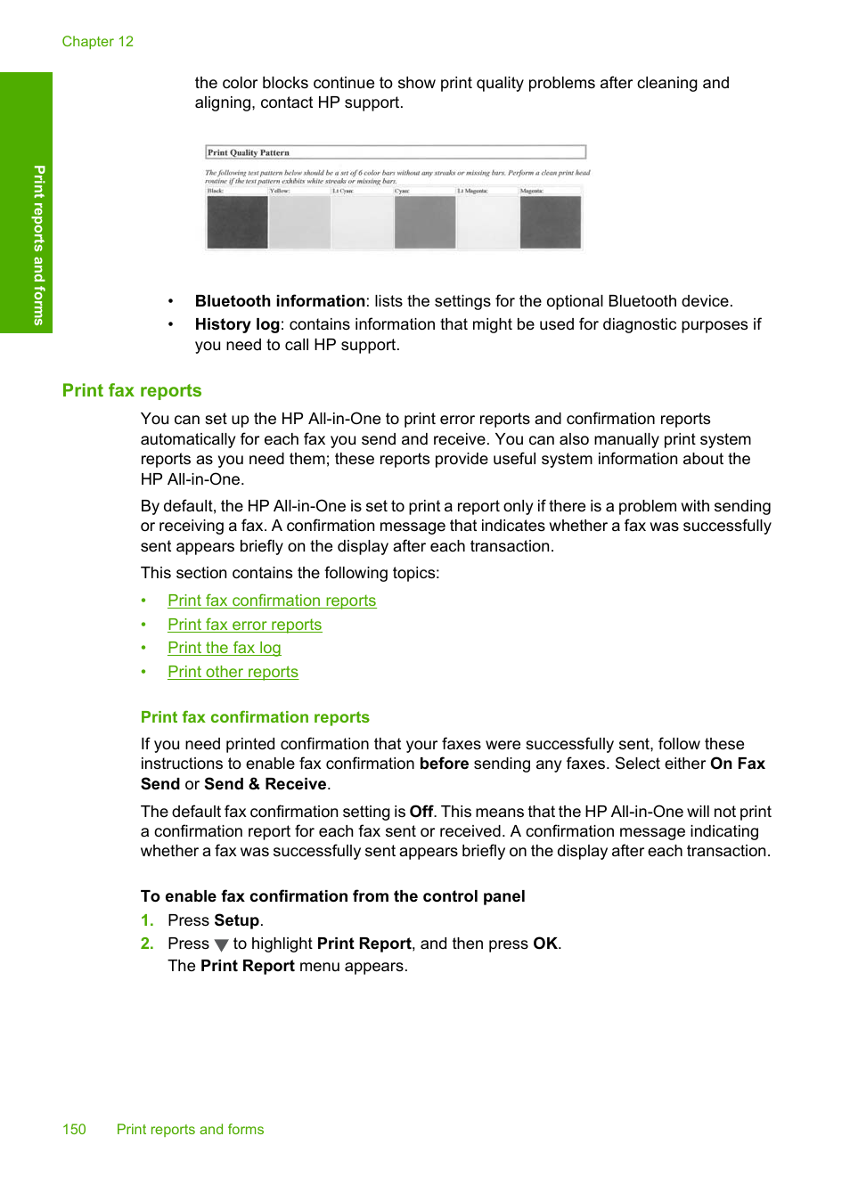 Print fax reports, Print fax confirmation reports | HP Photosmart C7200 Series User Manual | Page 151 / 309