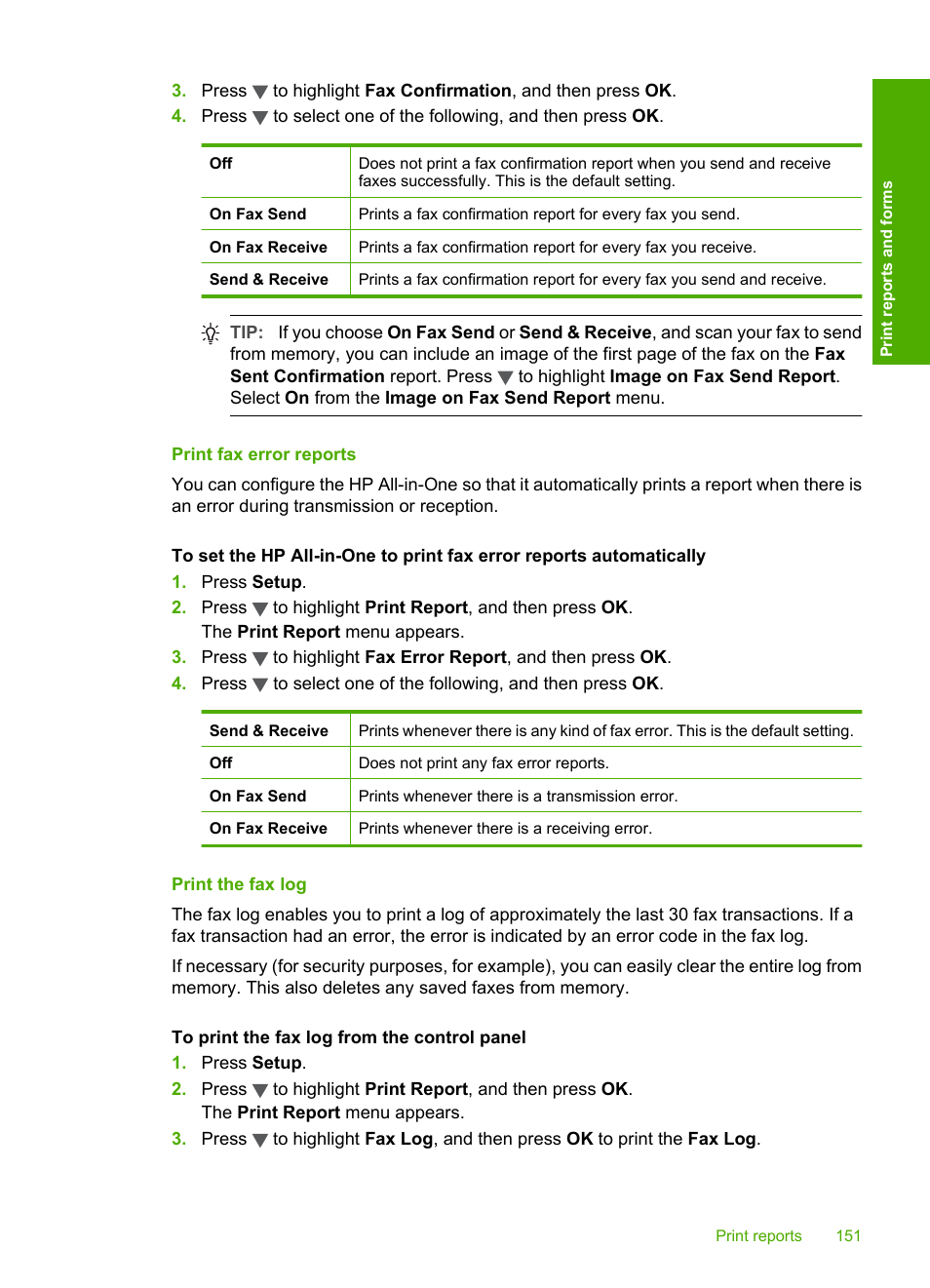 Print fax error reports, Print the fax log | HP Photosmart C7200 Series User Manual | Page 152 / 309