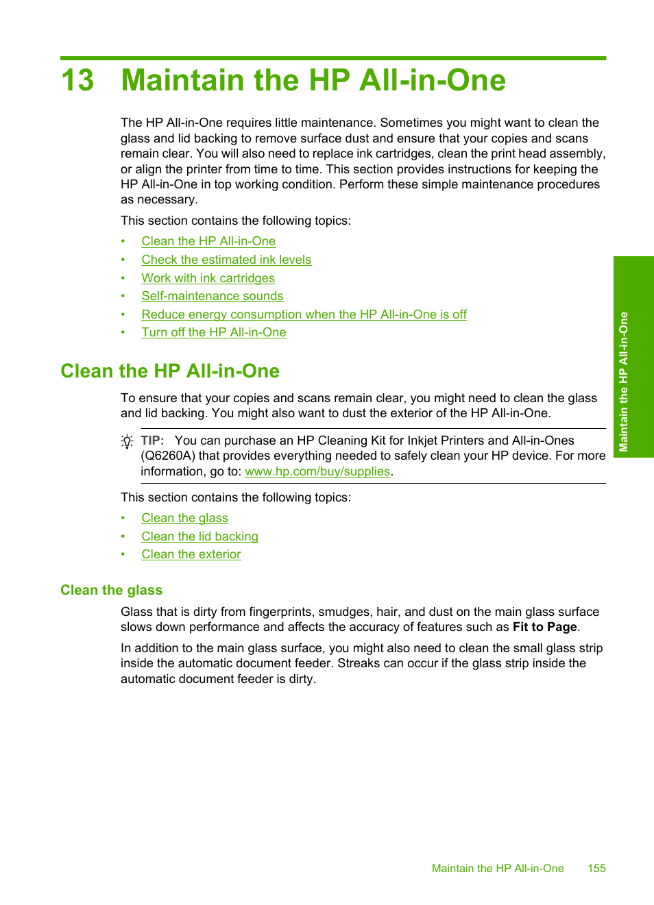 Maintain the hp all-in-one, Clean the hp all-in-one, Clean the glass | 13 maintain the hp all-in-one | HP Photosmart C7200 Series User Manual | Page 156 / 309