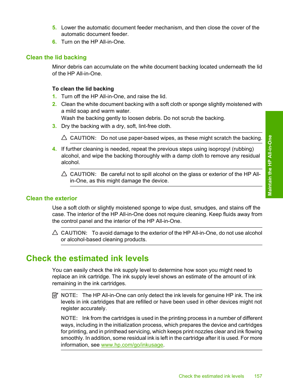 Clean the lid backing, Clean the exterior, Check the estimated ink levels | HP Photosmart C7200 Series User Manual | Page 158 / 309