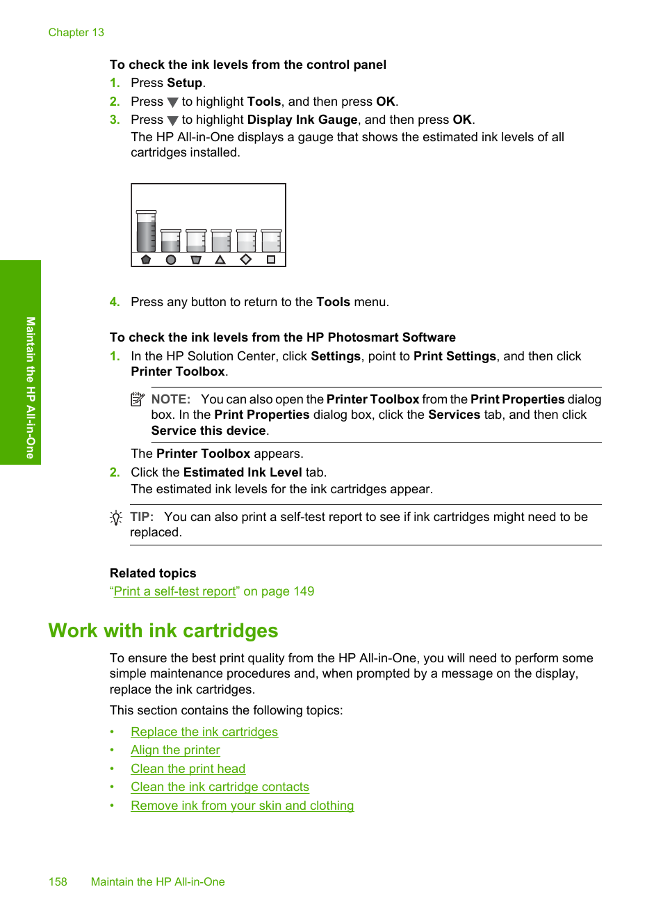 Work with ink cartridges | HP Photosmart C7200 Series User Manual | Page 159 / 309