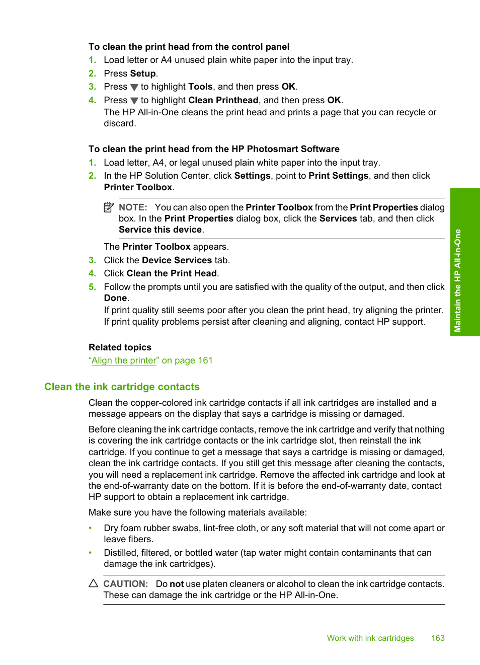 Clean the ink cartridge contacts | HP Photosmart C7200 Series User Manual | Page 164 / 309