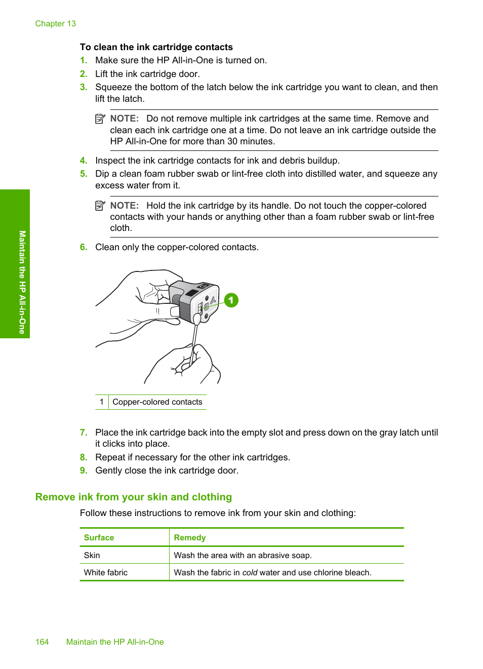 Remove ink from your skin and clothing | HP Photosmart C7200 Series User Manual | Page 165 / 309