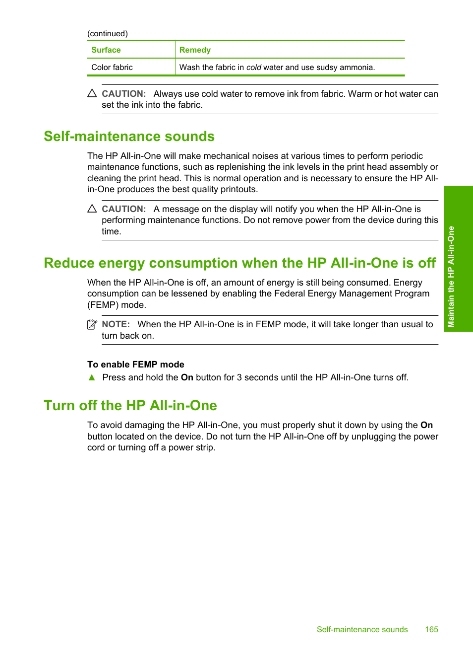 Self-maintenance sounds, Turn off the hp all-in-one | HP Photosmart C7200 Series User Manual | Page 166 / 309