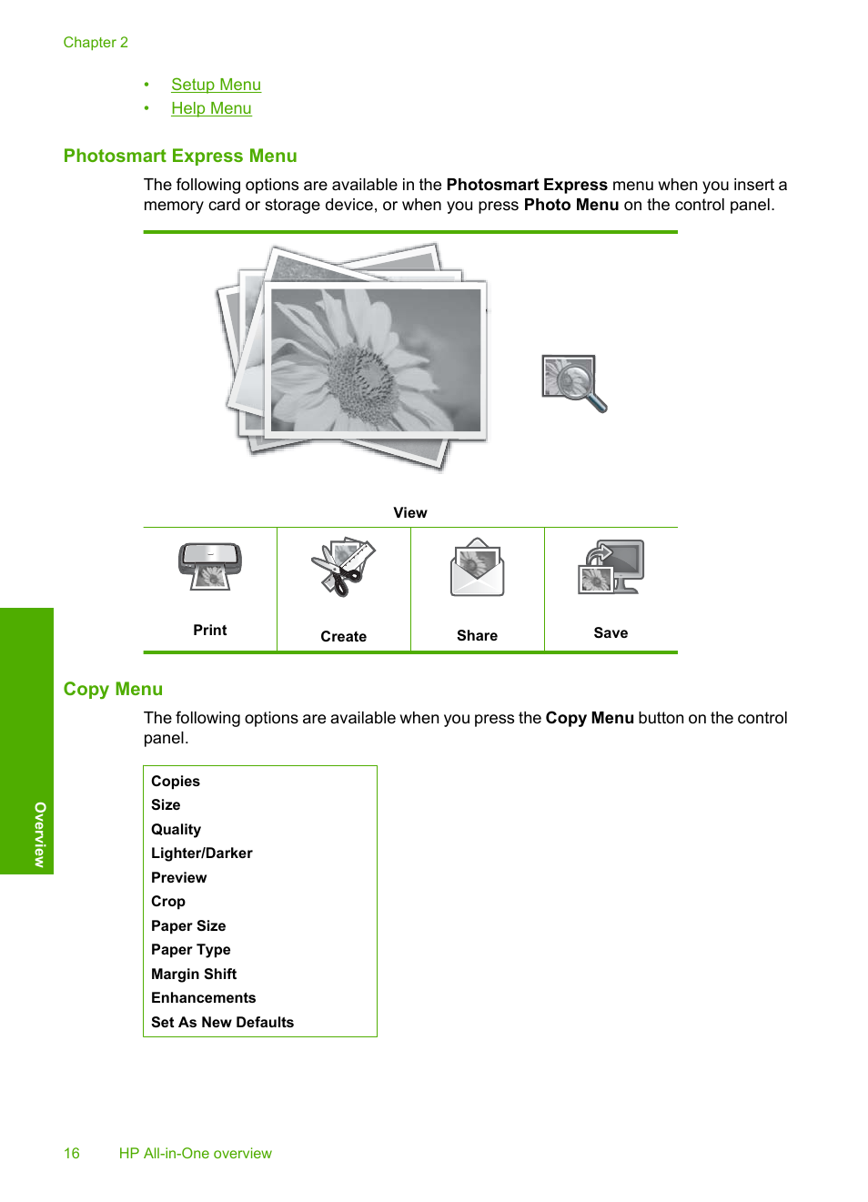 Photosmart express menu, Copy menu | HP Photosmart C7200 Series User Manual | Page 17 / 309