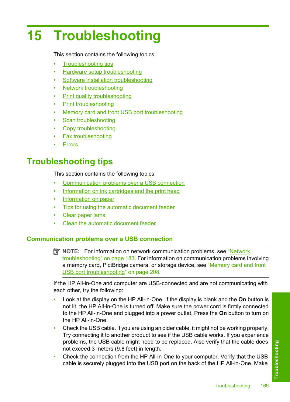 Troubleshooting, Troubleshooting tips, Communication problems over a usb connection | 15 troubleshooting | HP Photosmart C7200 Series User Manual | Page 170 / 309