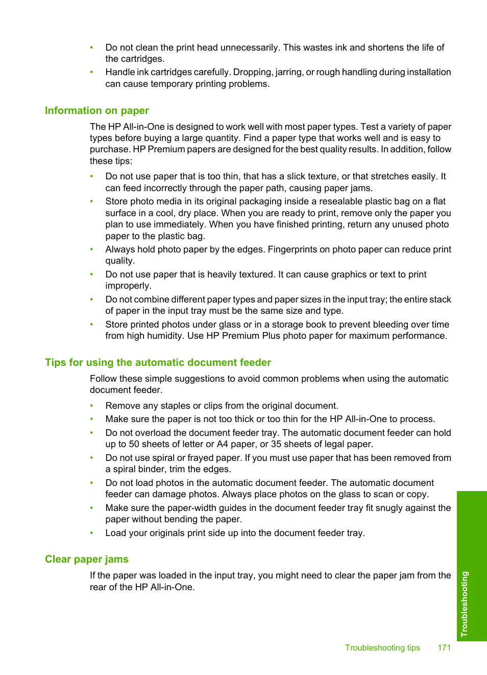 Information on paper, Tips for using the automatic document feeder, Clear paper jams | HP Photosmart C7200 Series User Manual | Page 172 / 309