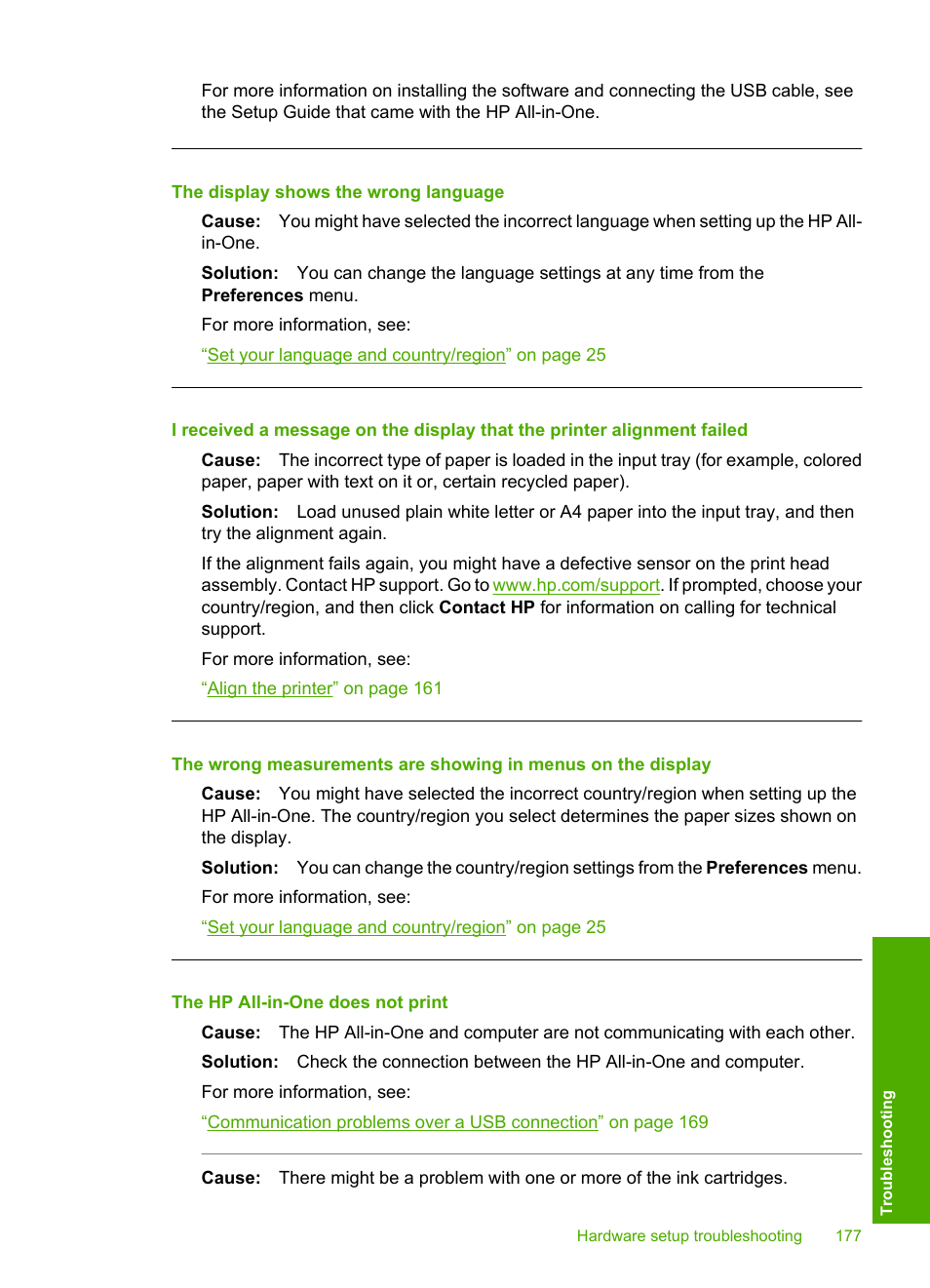 The display shows the wrong language, The hp all-in-one does not print | HP Photosmart C7200 Series User Manual | Page 178 / 309