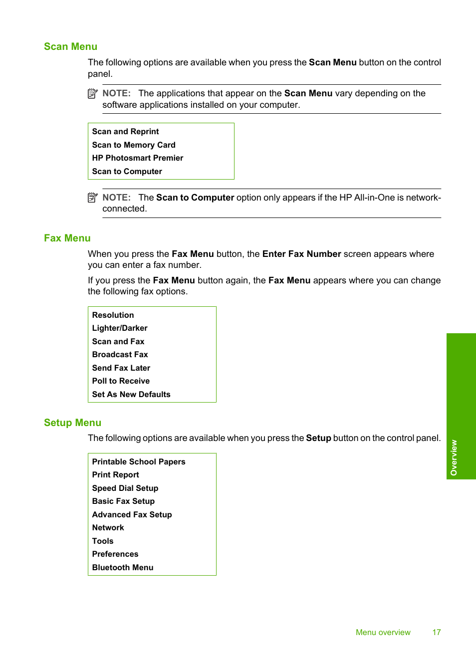 Scan menu, Fax menu, Setup menu | HP Photosmart C7200 Series User Manual | Page 18 / 309