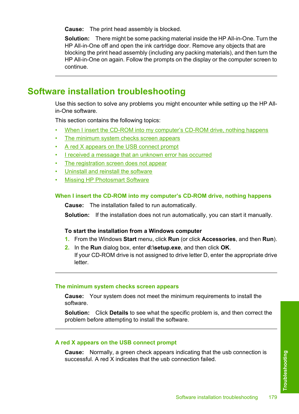 Software installation troubleshooting, Uninstall and reinstall the software | HP Photosmart C7200 Series User Manual | Page 180 / 309