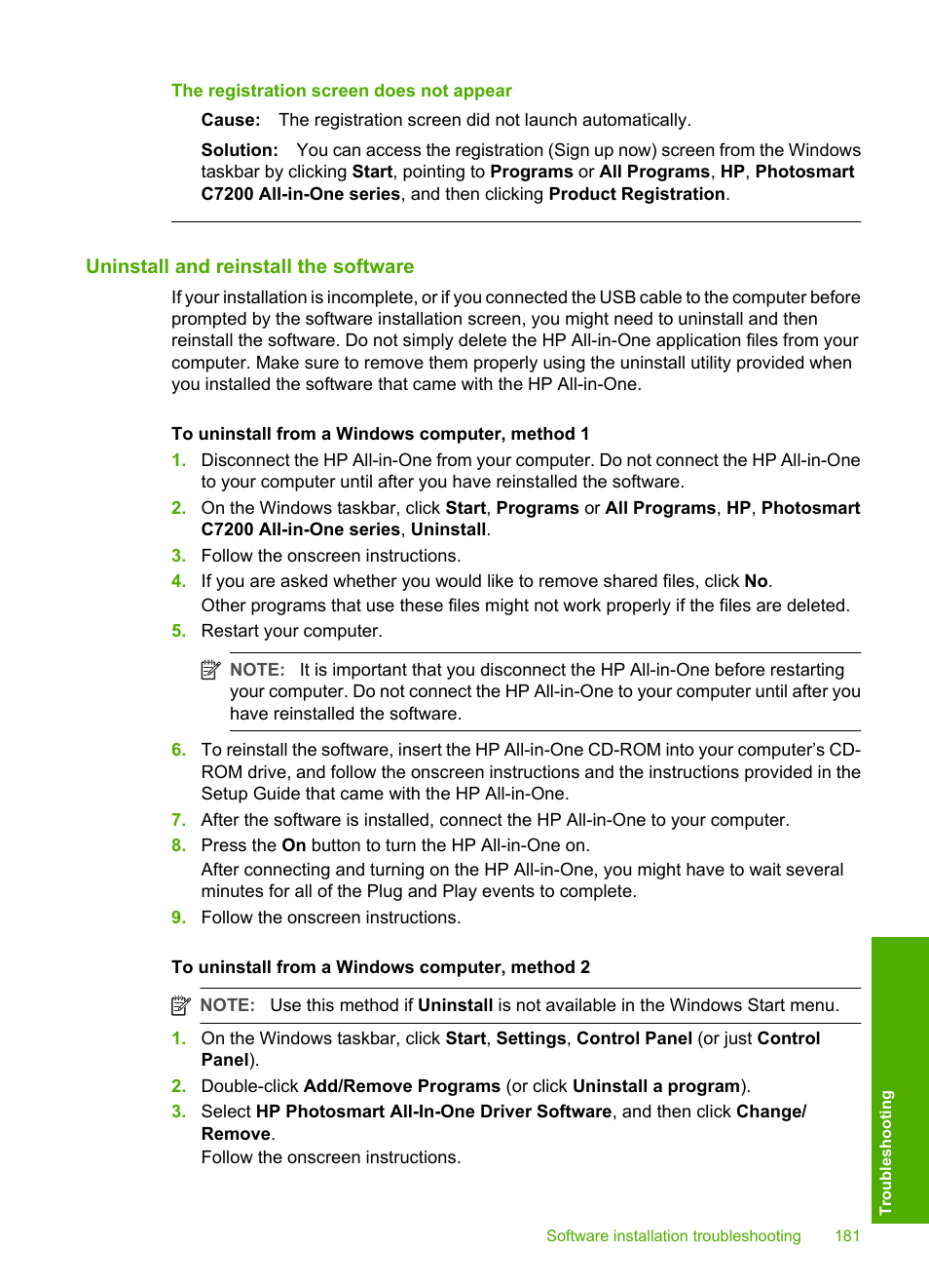 Uninstall and reinstall the software, The registration screen does not appear | HP Photosmart C7200 Series User Manual | Page 182 / 309