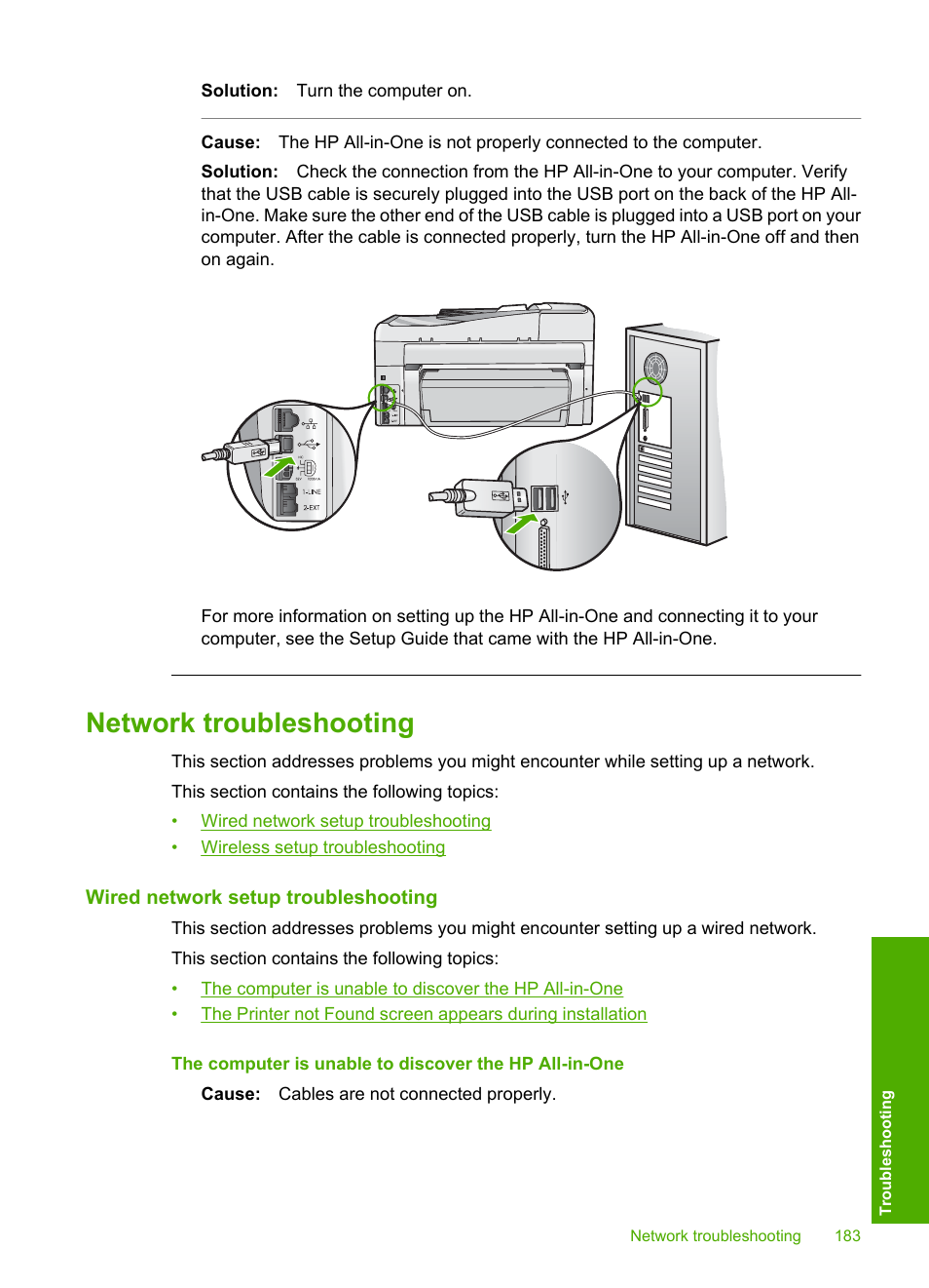 Network troubleshooting, Wired network setup troubleshooting, Network | HP Photosmart C7200 Series User Manual | Page 184 / 309