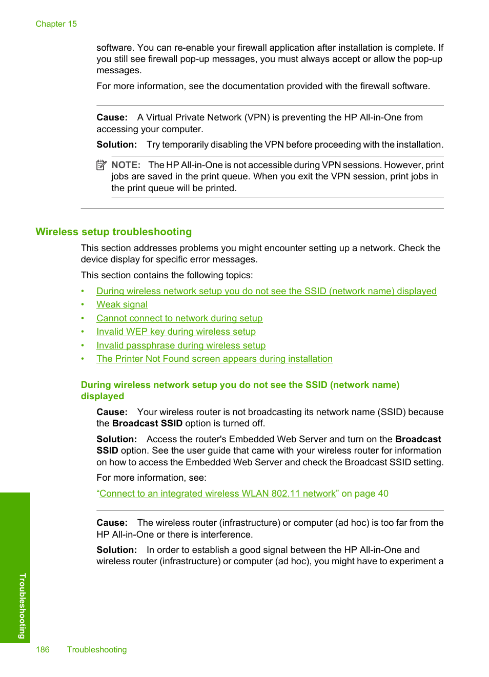 Wireless setup troubleshooting | HP Photosmart C7200 Series User Manual | Page 187 / 309