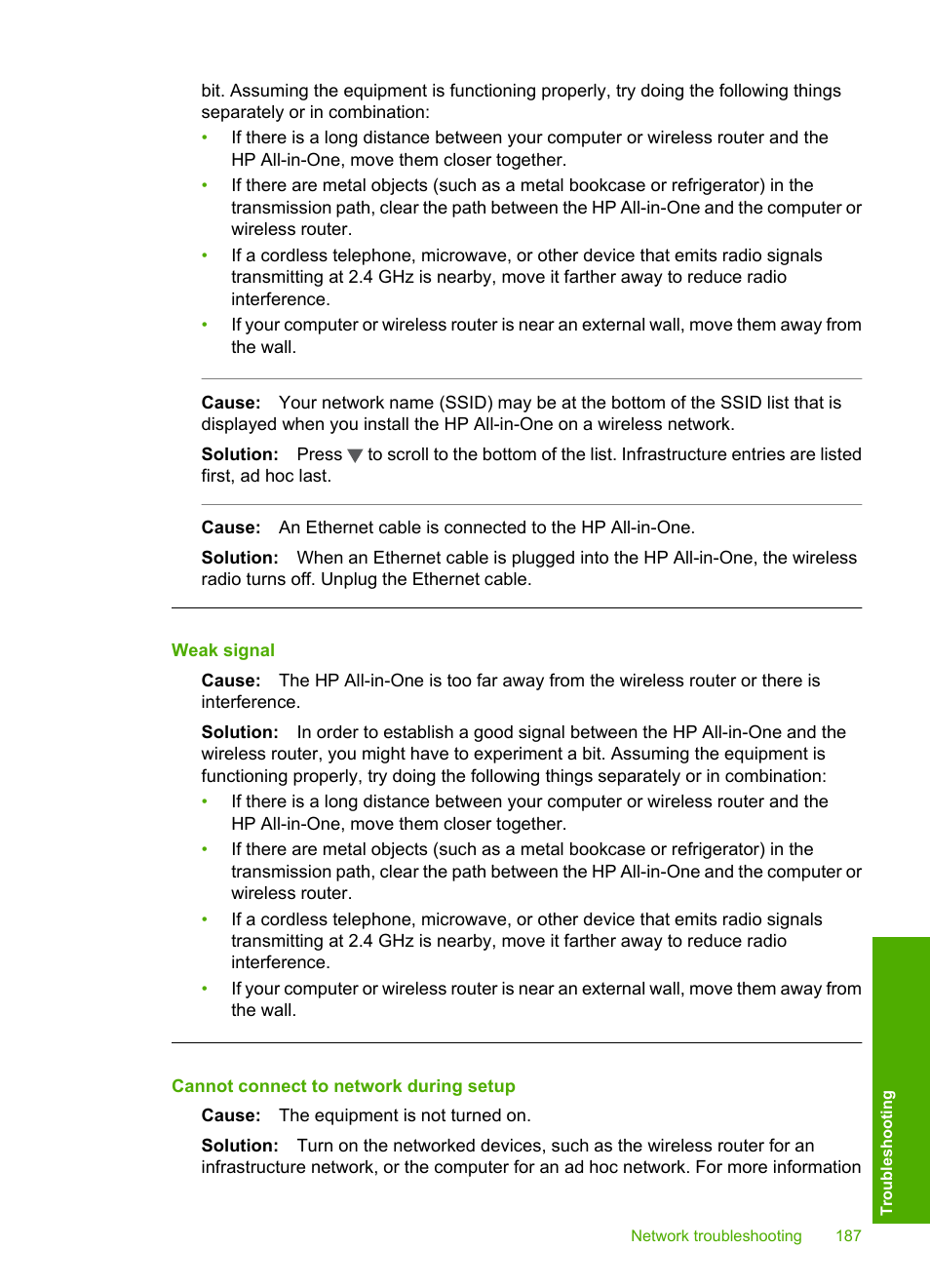Weak signal, Cannot connect to network during setup | HP Photosmart C7200 Series User Manual | Page 188 / 309